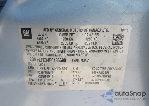 2015 Chevrolet Equinox 1Lt z USA, uszkodzony, nr VIN 2GNFLFE34F6196698